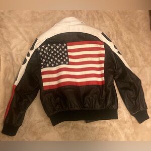 Michael Hoban WHEREMI Black and White Leather Jacket with American Flag